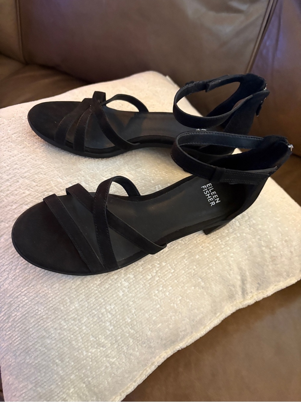 Eileen Fisher Black Suede Strappy Ankle-Wrap Sandals suede, very low heel.